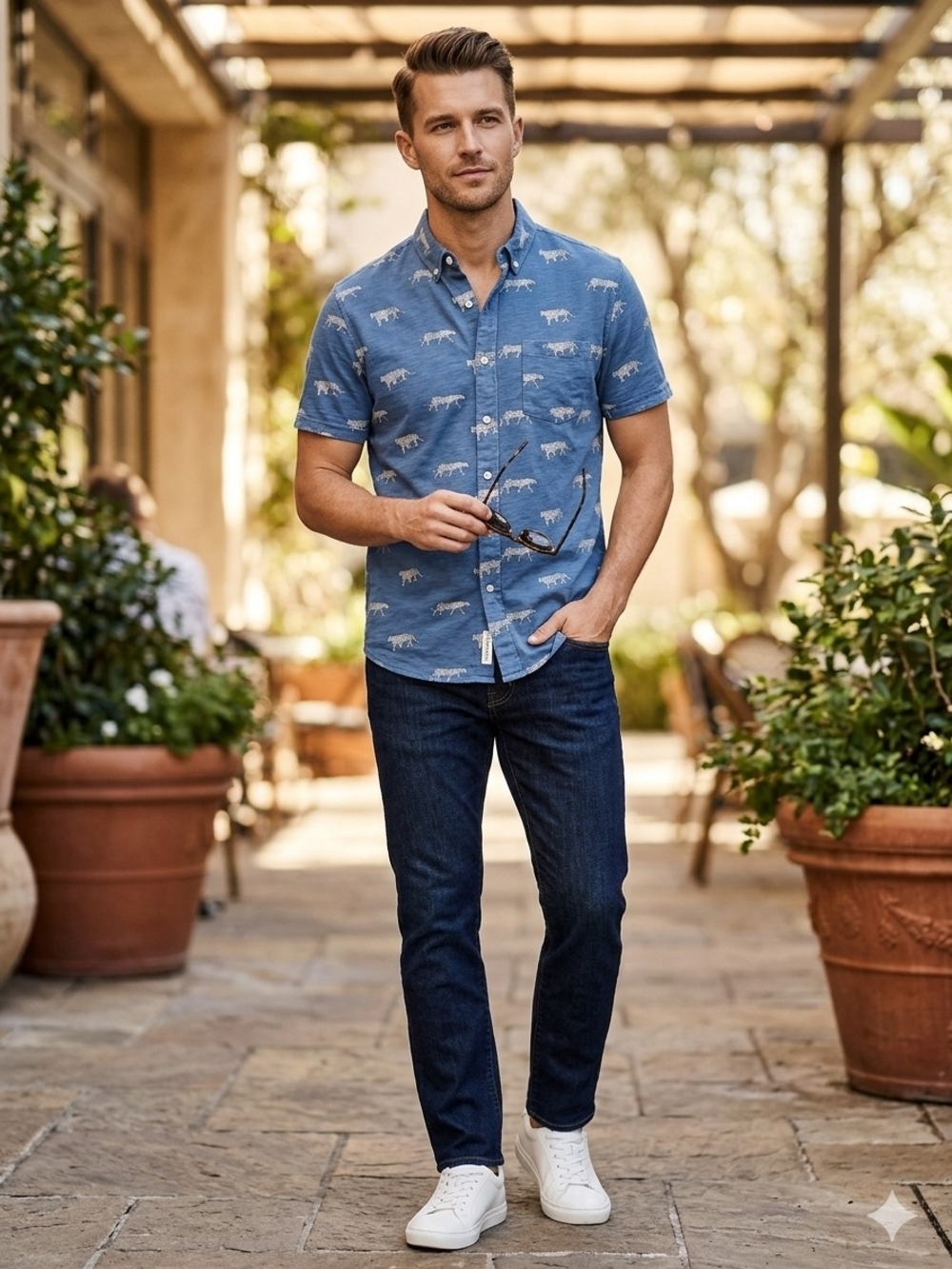 Goodfellow & Co Blue Short-Sleeve Button-Down with Animal Print